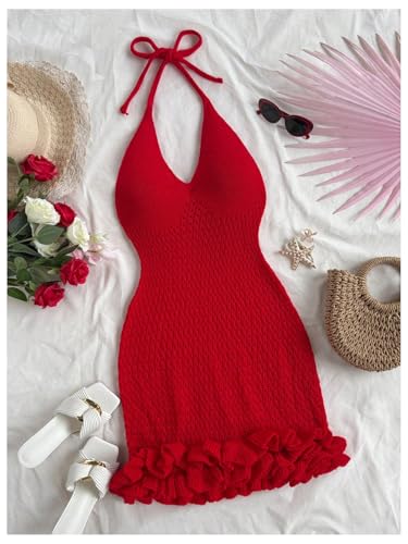 Image of GORGLITTER Women's Vacation Outfit Crochet Halter Knit Bubble Mini Dress Sexy Beach Cruise Summer Miami Resort Outfits