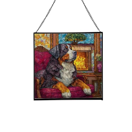 Bernese Mountain Dog Christmas Stained Glass Suncatcher – Square Hanging Holiday Window Panel with Cozy Fireplace Scene – Winter Glass Art Decoration Gift for Animal Lovers, Pet Owners qrGQpD