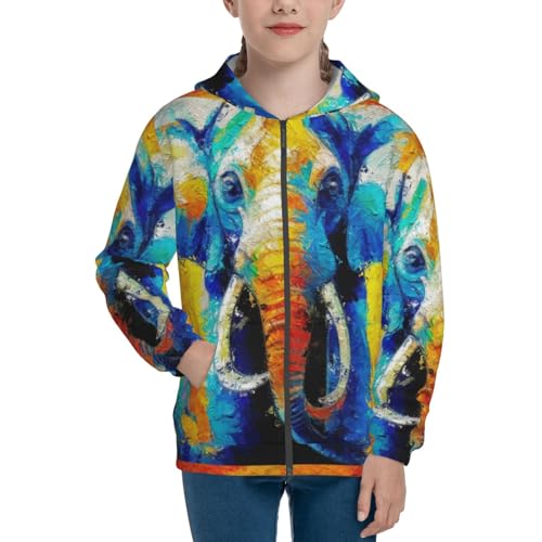 Oil Painting Elephant Kids Pullover Hoodies Boys Zip Up Sweatshirts Girls Athletic Clothes with Pocket3