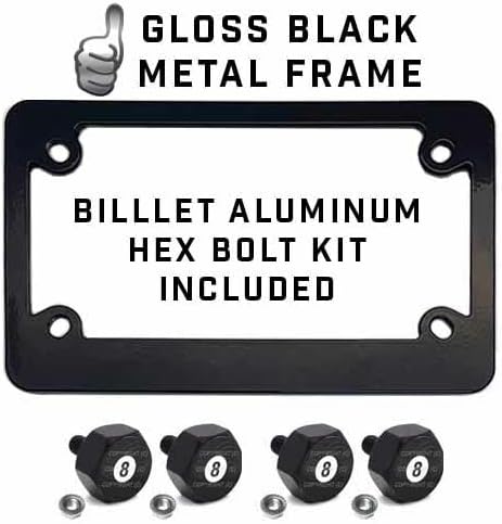 Metal Black Motorcycle License Plate Frame +Tag Fasteners Kit - 8 Pool Ball Style-9856-6853