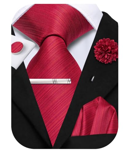 Image of Hi-Tie Solid Bright Red Mens Silk Woven Ties Set Classic Neckties and Pocket Square Lapel Pin Silver Tie Clip Cufflinks Set Wedding Business 6PCS