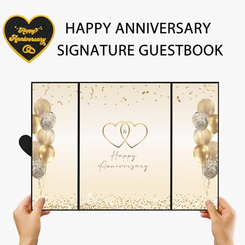 Image of DARUNAXY Black Gold Happy Anniversary Party Decorations, Happy Anniversary Alternative Signature Guest Book Wedding 1st 10th 40th 50th Anniversary Signing Card Board Party Supplies