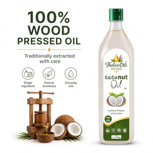 Image of Thulasi 100% Wood Pressed Coconut Oil 1 Litre |Traditionally Extracted | Chemical-free | Kolhu /Kacchi Ghani /Chekku | Natural |Coconut oil for Cooking- 1 Litre
