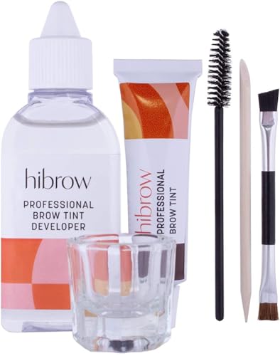 Hi Brow Professional Tinting Kit - Eyebrow Dye Full Size Set - 15ml Tint 50ml Tint Developer Glass Mixing Dish Dual End Brush Mascara Wand Orange Wood Stick (Dark Brown)