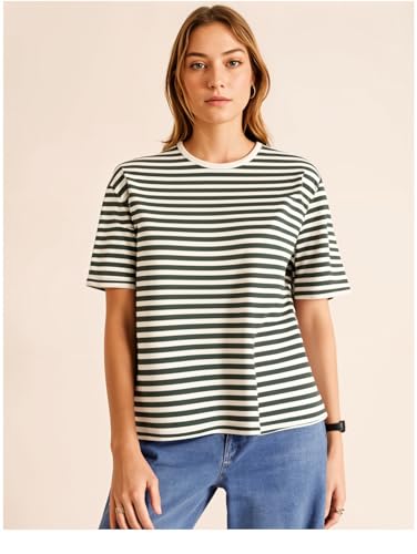 Image of Mack Jonney Oversized | Loose Fit | Half Sleeves 100% Cotton Round Neck Striped T-Shirt for WOMEN-MACK640558