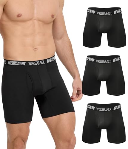 YESWEL Calzoncillos Hombre Boxer Pack de 3, Calzoncillos Largos Hombre Transpirables con Bragueta, Sin Etiquetas Irritantes Ropa Interior, Calzoncillos Hombre Boxer (3X Negro, XL)