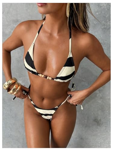 GORGLITTER Women's Micro Bikini Set High Cut Thong Halter Triangle Colorblock Striped Trendy 2025 Swimsuit Bathing Suit3