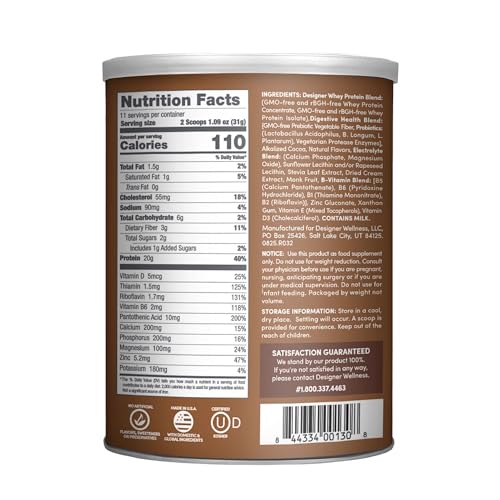 Image of Designer Wellness, Designer Whey, Natural Whey Protein Powder with Probiotics, Fiber, and Key B-Vitamins for Energy, Gluten-Free, Gourmet Chocolate, 12oz
