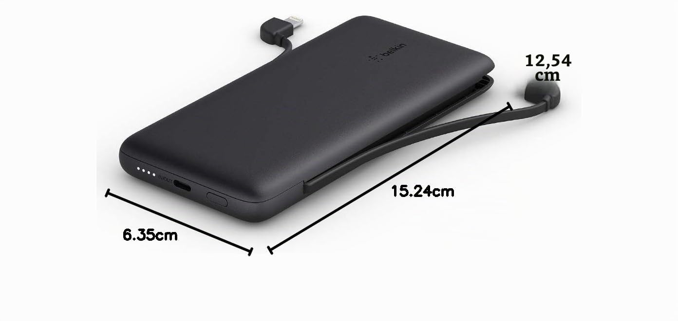 Belkin BoostCharge Plus cargador portátil batería externa 10K (10 000 mAh con cables integrados Lightning MFI y USB-C y un puerto USB-C adicional, para iPhone 16 serie y modelos anteriores), negro