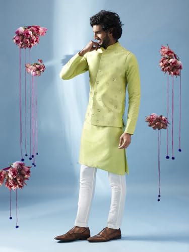Image of KISAH Men Printed Kurta Jacket Set, Full Sleaves, Knee Length, Straight, Regular Fit, Mandarin Collar Ethnic Wear