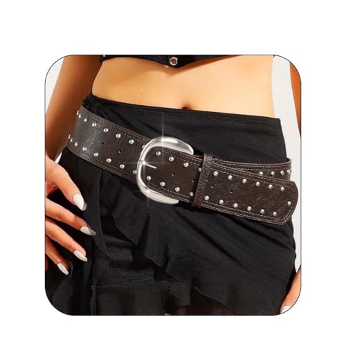 Women Punk Studded Leather Belt Rock Rivet Wide Belt for Dress Pants Cowgirl Thick Belts Metal Buckle Chunky Belts