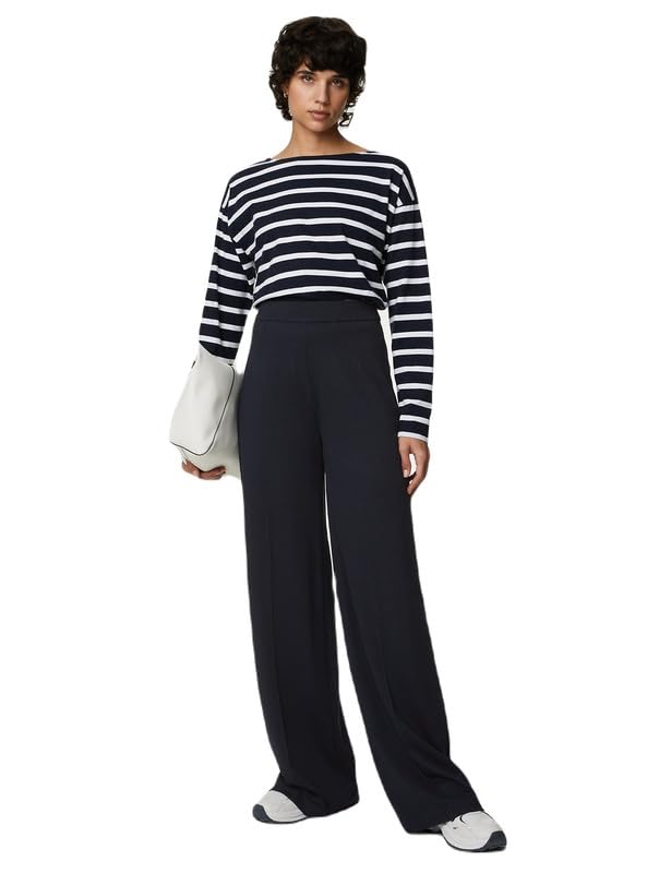 Image of Solid Navy Blue Viscose Womens Wide Leg Jersey Stretch Trousers