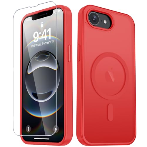 Image of YENAPOON for iPhone 17e Case, iPhone 16e Case, Matte Magnetic Phone Cover [with 1 Screen Protector] [Support for MagSafe] [Shockproof Military Grade Protection] Translucent Frosted Back, Red