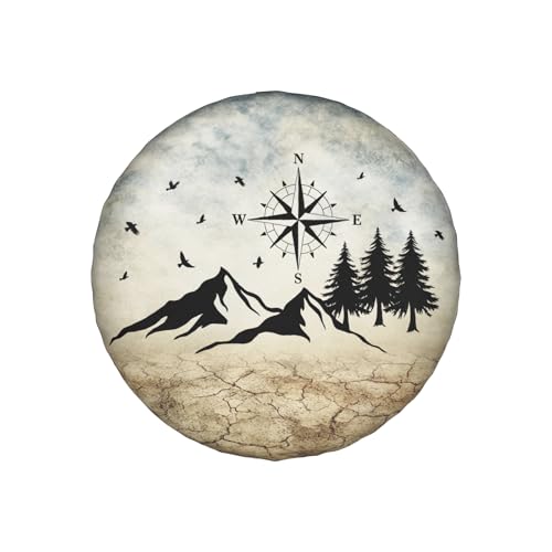Image of Nature Mountain Land Spare Tire Cover Compass Wheel Covers 15 Inch | Earthy Yellow，Polyester，Protectors Tire Cover，Waterproof，Dust-Proof，Universal，Fit for RV Jeep SUV Motor Travel Camper Tires