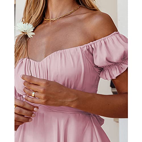 Halfword Women's Off Shoulder Short Sleeves Chiffon Romper Mini Dress Backless Ruffle Jumpsuit Streetwear Pink M #TOP1