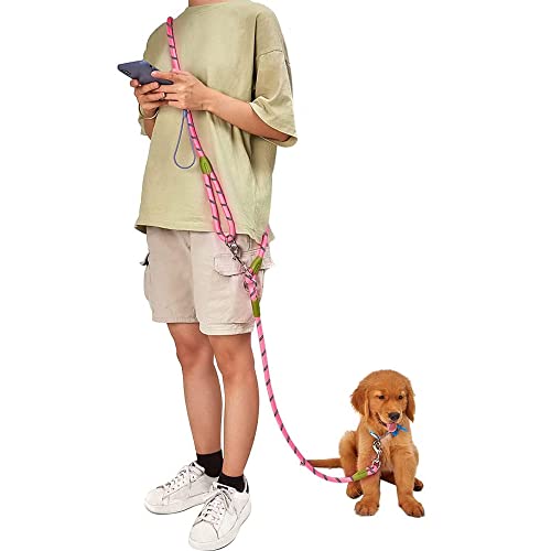 Hundeleine zum Laufen, Spazierengehen, Training, Crossbody-Doppel-Leine, 1,2 cm dickes Nylon, reflektierend, strapazierfähig, für kleine, mittelgroße und große Hunde, Rosa