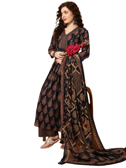 Kimayra Women's Semi-Flared Cotton Navy V-Neck Kurta with Plazzos and Dupatta