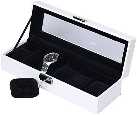 JKC Watch Box Watch Organiser, Watch Box Storage for 6/10/12 Grids Faux Display Case Jewelry Boxes with Glass Lid Lock Key and Velvet Liner