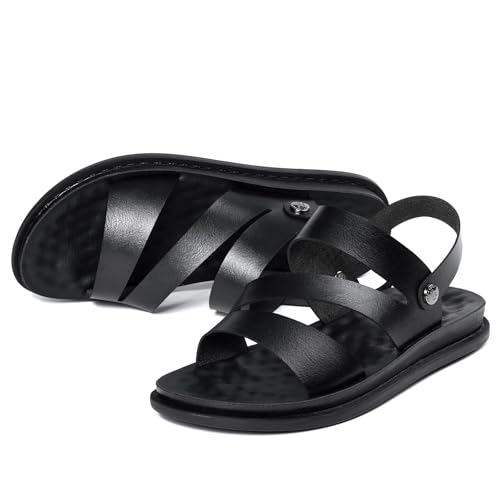 Men's Leather Sandals, Beach Slippers, PU Insole Slippers, With Rear Strap, Dual-Purpose Wearable, Size 5-11