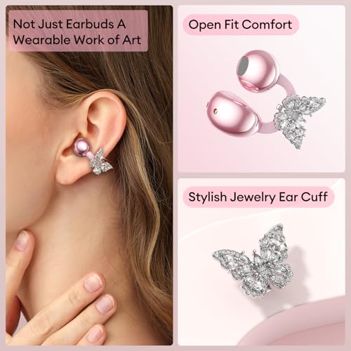 Image of PAXA Stylish Open Ear Clip On Earbuds with Removable Butterfly Earring, Clip On Headphones with LCD Touch Screen, Fashionables Open Ear Headphones for Women, Butterfly Earring Rose Gold Earbuds