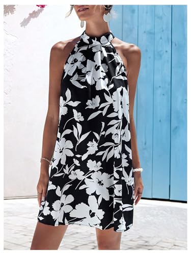 Image of Floerns Women's Sleeveless Floral Print Sundress Halter Neck A Line Short Dress