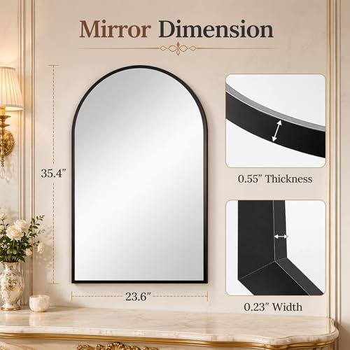 Image of 24 inchx36 inch Arched Black Bathroom Mirror - Metal Framed with HD Shatter-Proof Glass, Wall-Mounted for Over Sink, Entryway, Living Room, Bedroom