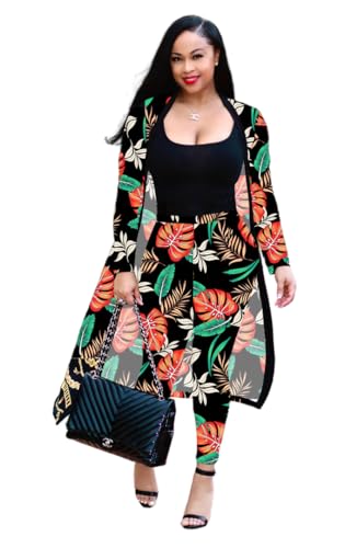 Image of Max2co Women 2 Piece Outfits Floral Long Sleeves Open Front Cardigan Cover up with Leggings High Waist Long Pants Set