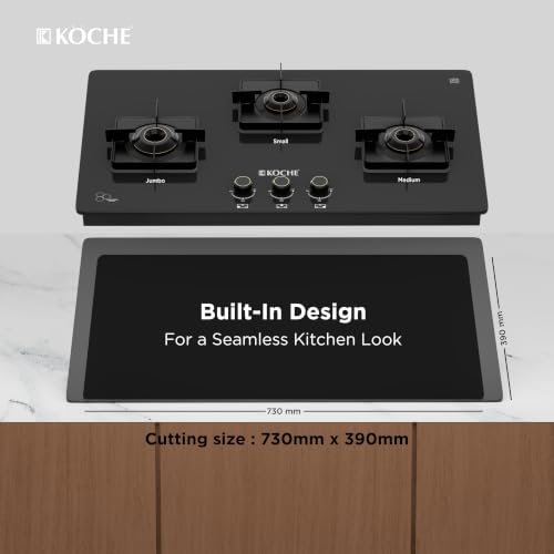 Image of KOCHE BETTY 3 Burner Built-In Gas Hob 77cm Auto Ignition | Hob /Cooktop Hybrid | High Power Brass Burners Gas Stove | Cast Iron Pan Support | Metal Knobs | Black Toughened Glass | 5 Years Warranty