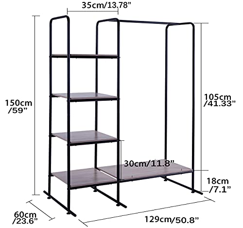 Metal Garment Rack, Free Standing Closet Storage Organizer W/ 5 Shelves & Hanging Bar, Open Wardrobe Rack For Hanging Clothes And Storage, Clothes Rack For Bedroom Living Room Entryway,Black/Dark Brown(Model:2103) #TOP1