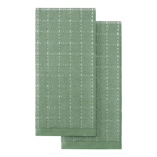 Homaxy 100% Cotton Terry Kitchen Towels(Grass Green, 13 x 28 inches), Checkered Designed, Soft and Super Absorbent Dish Towels, 2 Pack