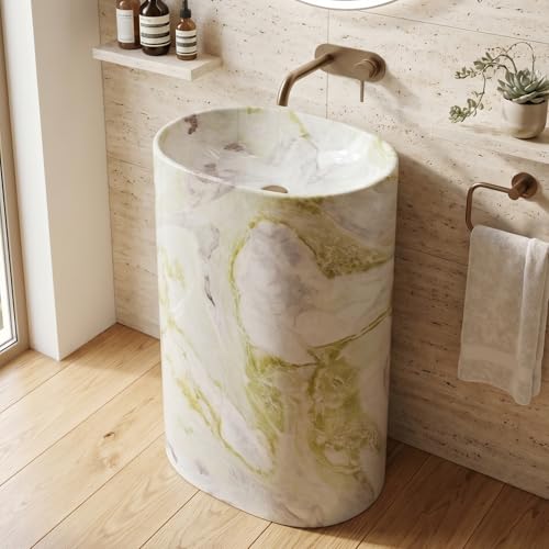 Image of BASSINO 20x14x33 Inch Pedestal Wash Basin /Free Standing Wash Basin /7 Years Warranty /Oval Ceramic One Piece Pedestal Sink for Bathroom /Living Room /Dining Hall /Floor Mounted Washbasin(Green Mix Marble)
