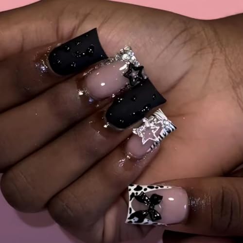 Image of Black Nails Press ons Duck Fake Nails White French Tip False Nail with Star Design Glossy Full Cover Glue on Nail Reusable Artificial Acrylic Bow Stick on Nail for Women Manicure 24Pcs