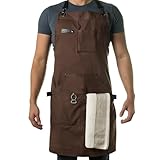 Asaya Chef, BBQ and Work Apron with Bottle Opener and Hand Towel - Durable 10oz Cotton Canvas, Brass Hardware and Cross Back Straps - For Men, Women, Grilling, and Cooking (Brown)