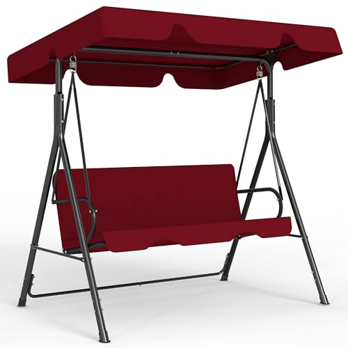 Murago Outdoor Patio Swing Chair with Adjustable Canopy, Heavy Duty Stand Included, 3-Adult Capacity Patio Glider Swing, Perfect for Deck, Lawn, Backyard, or Porch, Red