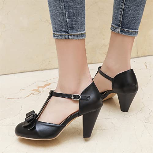 Image of Elbslutt Women's Cute Retro Rockabilly Shoes T Strap Mary Janes Heels Chunky Cosplay Shoes Sweet Block Heeled Bow Pumps