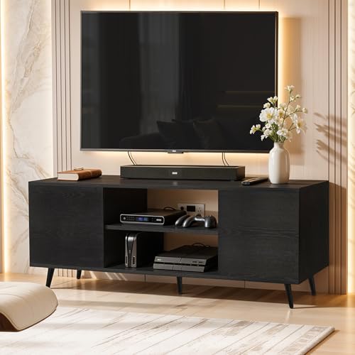 Image of ABOUT SPACE TV Unit - Engineered Wooden TV Stand Table with Bottom Open Storage, Adjustable Shelves & 2 Closed Cabinets for Set Top Box WiFi Router Stand (Black Mahogany - L 136 x B 40.5 x H 53 cm)