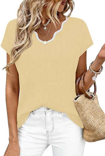 Image of WIHOLL Womens Summer Tops Cap Sleeve Sweater V Neck Shirts Beach Vacation Clothes Business Casual Fashion Clothing