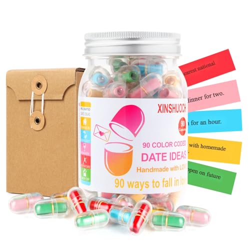 90 Date Ideas for Couples Date Night - Color Coded Date Ideas Capsules In A Bottle Date Jar Engagement/Wedding/Anniversary/Bridal Shower/Newlyweds Gifts for Couples Husband Wife Boyfriend, Girlfriend