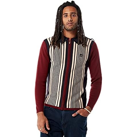 Gabicci Mens Finney Cabernet 70s Full Zip Long Sleeve Stripe Knit Polo 3XL Cover