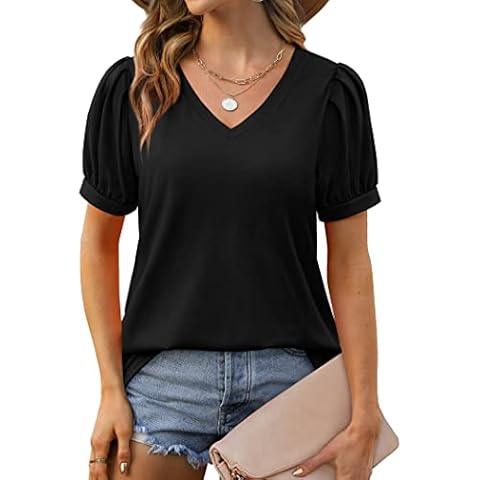 Geifa Womens T Shirts Casual Summer Short Sleeve Tops Work V Neck Tshirts Black S Cover
