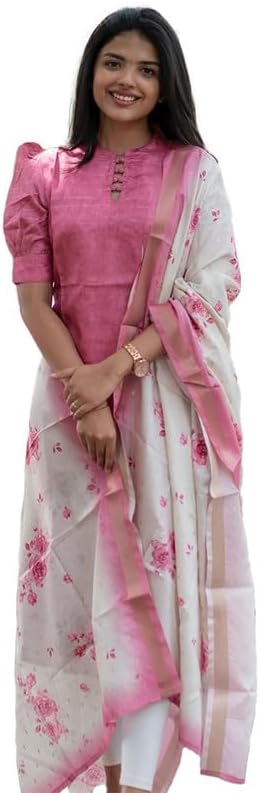 Sun Fashion And Lifestyle Women's Chanderi Straight Stitched Printed Kurti with Printed Organza Dupatta for Women