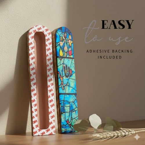 Image of SURI Wooden Mezuzah for Door - 5 Inch Contemporary Turquoise Chagall-Inspired Mezuzzah Case with Printed Scroll, Self-Stick Adhesive, Fits a 4 Inch Scroll, Gift Box Include