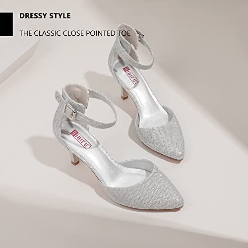 IDIFU Women's IN3 D'Orsay Pumps Low Kitten Heels for Women Dress Shoes Pointed Closed Toe Wedding Bride Ankle Strap Dressy Silver Black Nude White Gold Heels for Women4