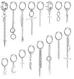 REVOLIA 16 Pieces Stainless Steel Hoop Dangle Earrings for Men Women Non-piercing Earrings Hinged Huggie Earrings Set Non-piercing