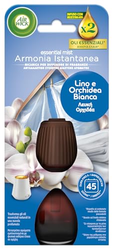 Airwick Ricariche per Diffusore di Oli Essenziali, 1 Ricarica per Profumatore per Ambienti alla Fragranza Lino e Orchidea Bianca con Oli Essenziali, L'imballaggio può variare