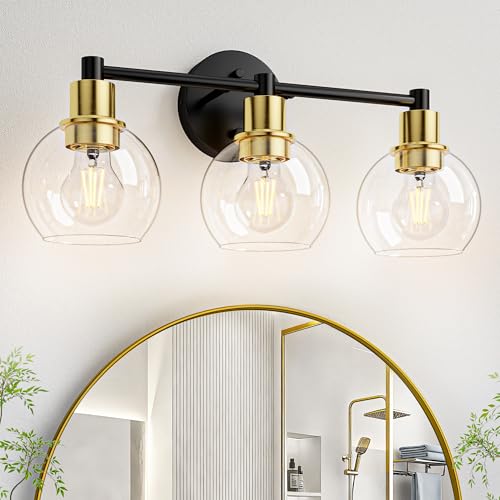 Image of 3 Light Bathroom Light Fixtures, Black and Gold Bathroom Vanity Lights, Modern Vanity Lights 3-Light Globe Bathroom Vanity Lighting Fixture Over Mirror