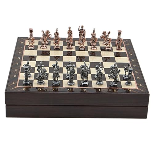 Orta Boy Metal Roma Satranç Takımı, Sandıklı Ceviz Desenli Mdf Tahta, 36x36x6 cm