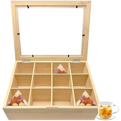 Xpieoyrm Caja de té de bambú con 12 compartimentos y ventana, 28 x 22.5 x 9 cm, Organizador de té y hierbas, Caja de almacenamiento