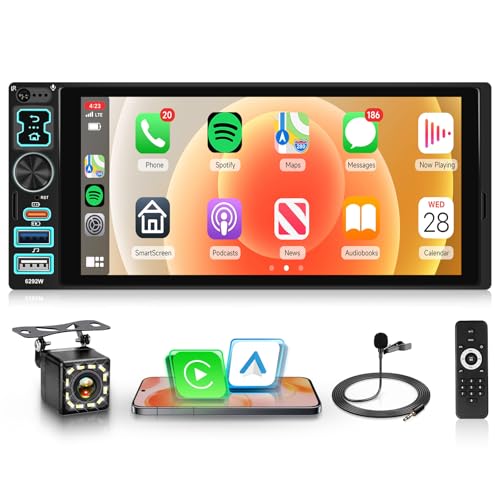 Single Din Touch Screen Radio with Wireless Carplay and Android Auto, Driauto 6.8 Inch IPS Screen 1 DIN Car Stereo with Bluetooth Mirror Link GPS Steering Wheel Control FM EQ Type-C USB Backup Camera