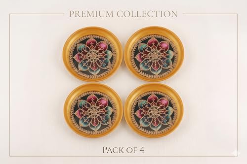 Image of R Ayurveda Copper Metal Set of 4 Ornate Dessert Serving Plates - 6 Inch Decorative Enamel & Gold Foiled Finish Trays - Perfect for Indian Sweets, Macarons, Festivals & Family Parties